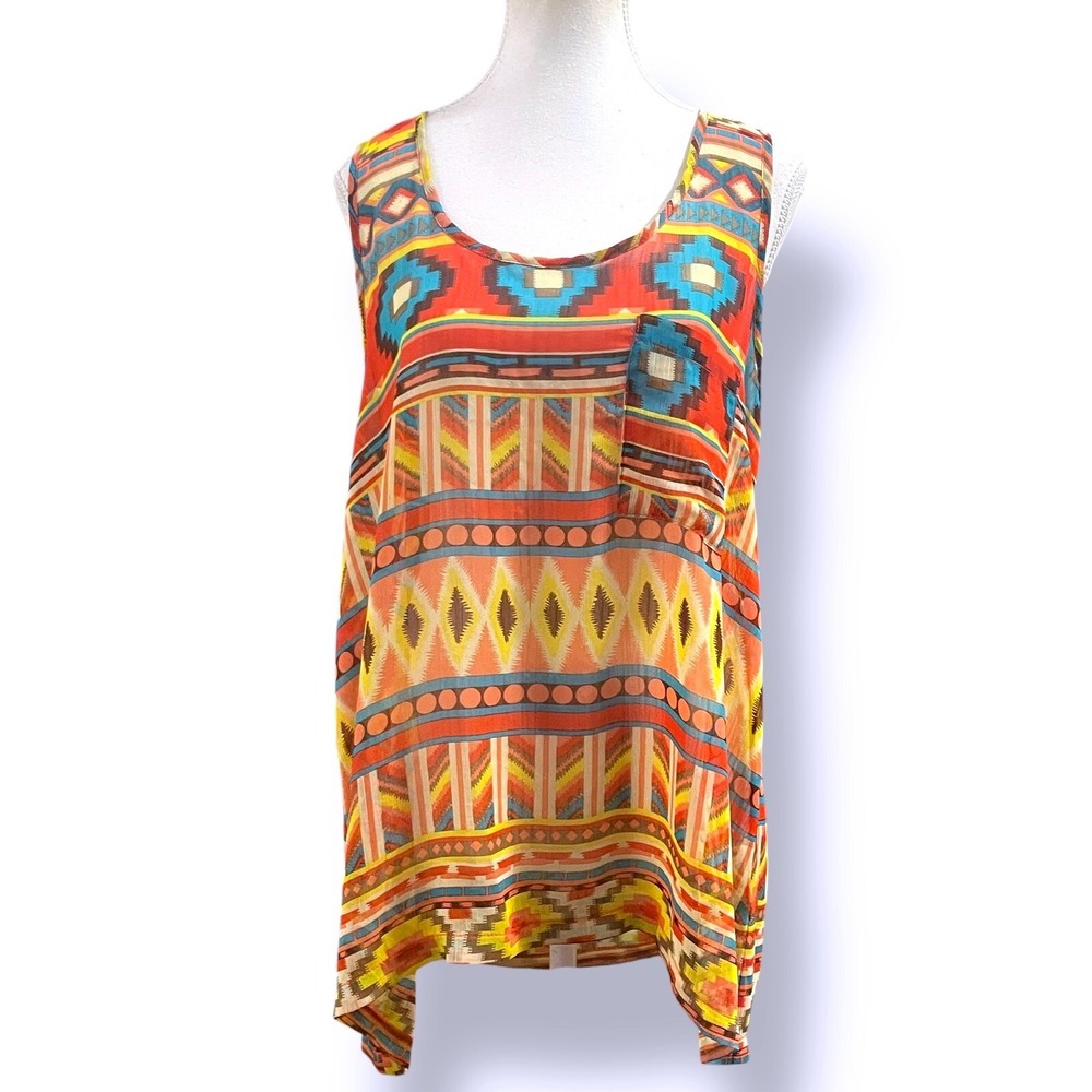 Umgee USA Aztec Western  Print Tank Top Sleeveless Casual Pocket Multi Color M‎